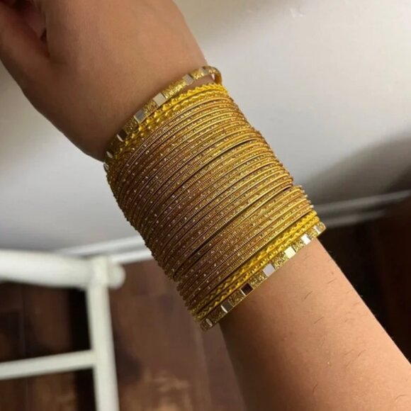 Gold and Yellow glitter Mirror Work Bangles Festive Indian Jewelry haldi - Picture 6 of 16